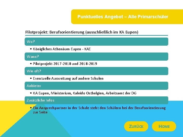 Punktuelles Angebot – Alle Primarschüler Pilotprojekt: Berufsorientierung (ausschließlich im KA Eupen) Wo? • Königliches