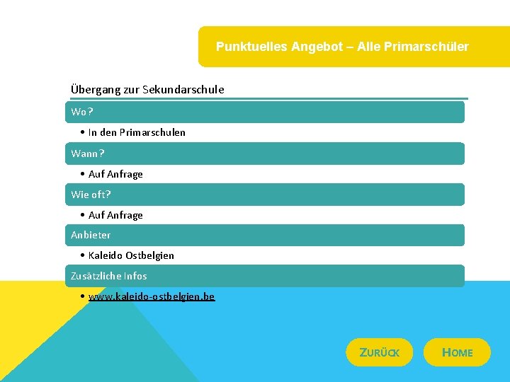 Punktuelles Angebot – Alle Primarschüler Übergang zur Sekundarschule Wo? • In den Primarschulen Wann?