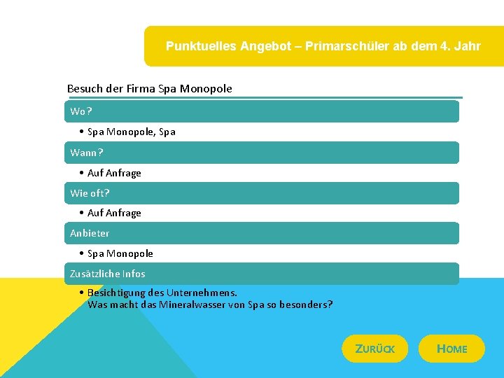 Punktuelles Angebot – Primarschüler ab dem 4. Jahr Besuch der Firma Spa Monopole Wo?