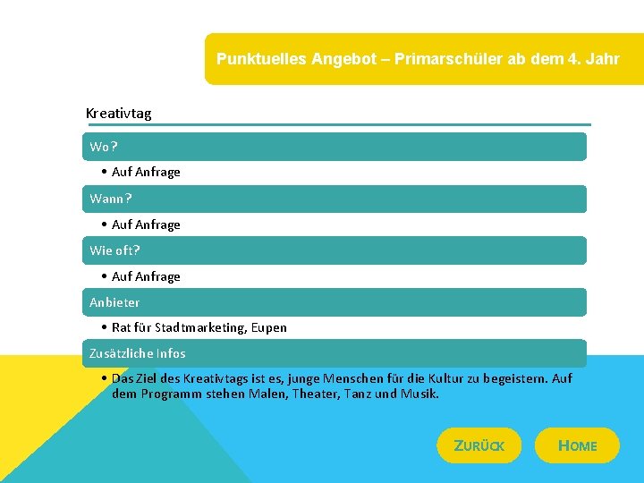 Punktuelles Angebot – Primarschüler ab dem 4. Jahr Kreativtag Wo? • Auf Anfrage Wann?