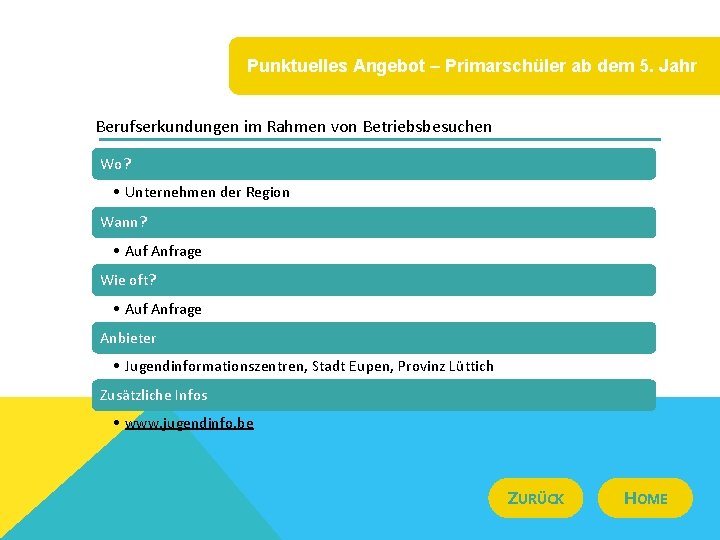 Punktuelles Angebot – Primarschüler ab dem 5. Jahr Berufserkundungen im Rahmen von Betriebsbesuchen Wo?
