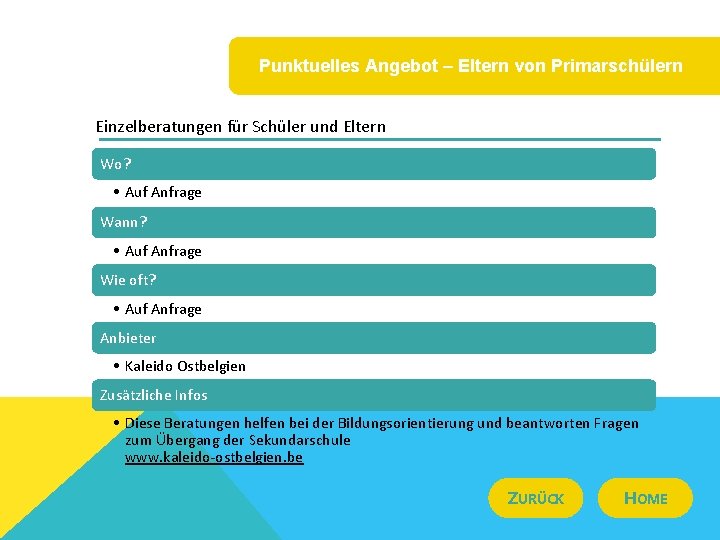 Punktuelles Angebot – Eltern von Primarschülern Einzelberatungen für Schüler und Eltern Wo? • Auf