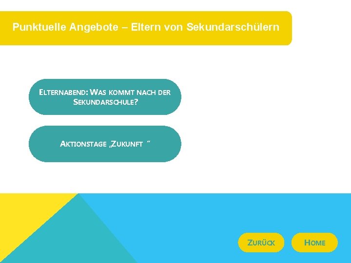 Punktuelle Angebote – Eltern von Sekundarschülern ELTERNABEND: WAS KOMMT NACH DER SEKUNDARSCHULE? AKTIONSTAGE „ZUKUNFT“
