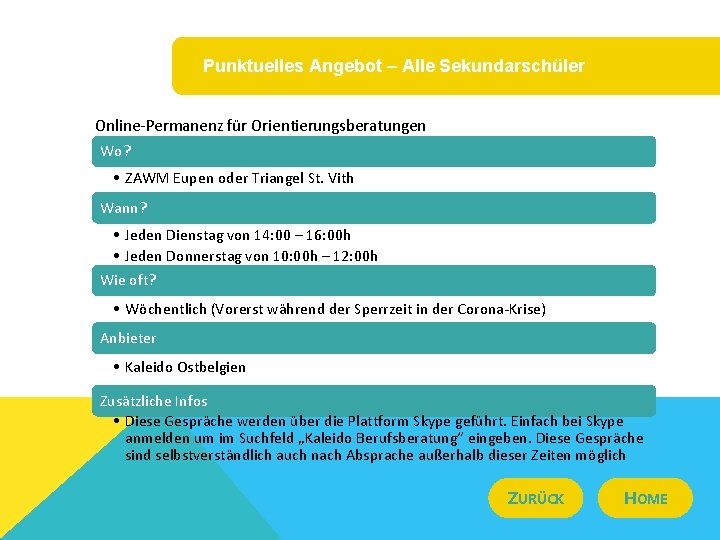 Punktuelles Angebot – Alle Sekundarschüler Online-Permanenz für Orientierungsberatungen Wo? • ZAWM Eupen oder Triangel