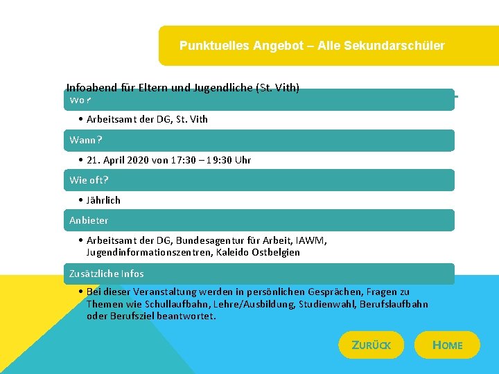 Punktuelles Angebot – Alle Sekundarschüler Infoabend für Eltern und Jugendliche (St. Vith) Wo? •