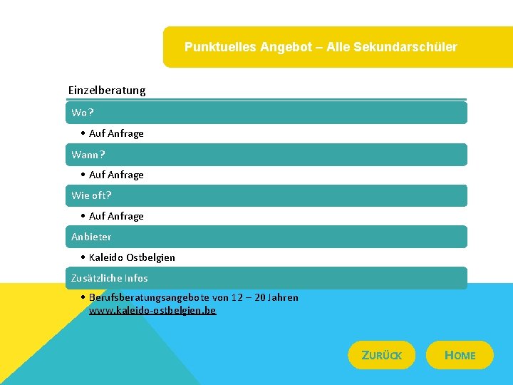 Punktuelles Angebot – Alle Sekundarschüler Einzelberatung Wo? • Auf Anfrage Wann? • Auf Anfrage