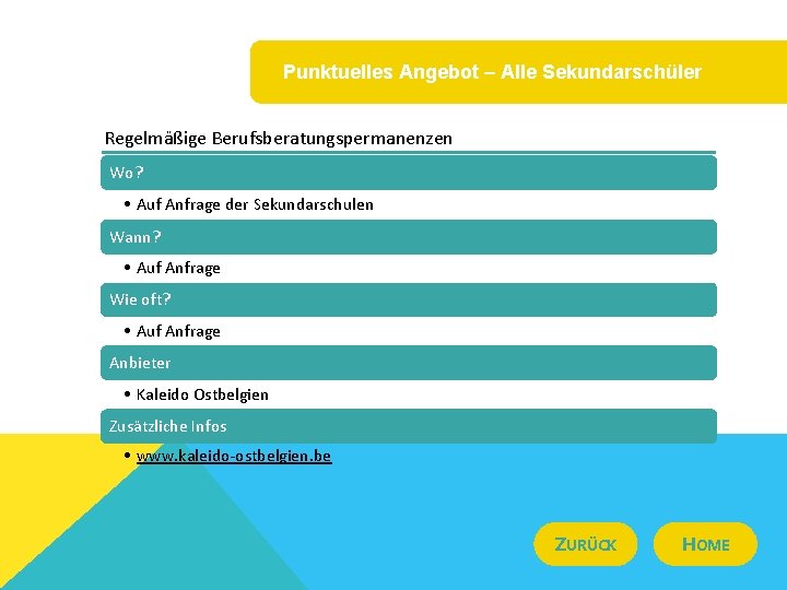 Punktuelles Angebot – Alle Sekundarschüler Regelmäßige Berufsberatungspermanenzen Wo? • Auf Anfrage der Sekundarschulen Wann?