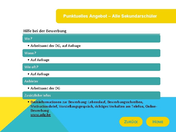 Punktuelles Angebot – Alle Sekundarschüler Hilfe bei der Bewerbung Wo? • Arbeitsamt der DG,