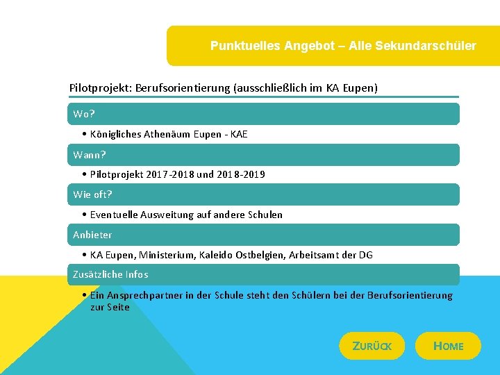 Punktuelles Angebot – Alle Sekundarschüler Pilotprojekt: Berufsorientierung (ausschließlich im KA Eupen) Wo? • Königliches