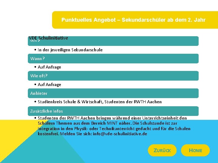 Punktuelles Angebot – Sekundarschüler ab dem 2. Jahr VDE Schulinitiative Wo? • In der
