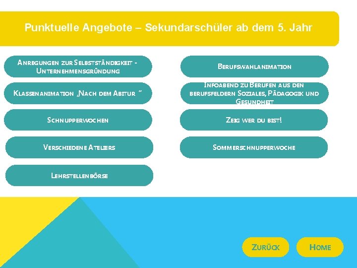 Punktuelle Angebote – Sekundarschüler ab dem 5. Jahr ANREGUNGEN ZUR SELBSTSTÄNDIGKEIT UNTERNEHMENSGRÜNDUNG BERUFSWAHLANIMATION KLASSENANIMATION