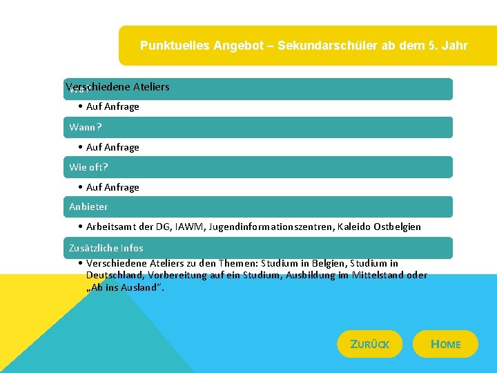Punktuelles Angebot – Sekundarschüler ab dem 5. Jahr Verschiedene Ateliers Wo? • Auf Anfrage
