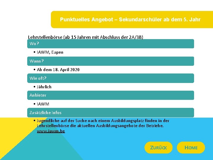 Punktuelles Angebot – Sekundarschüler ab dem 5. Jahr Lehrstellenbörse (ab 15 Jahren mit Abschluss