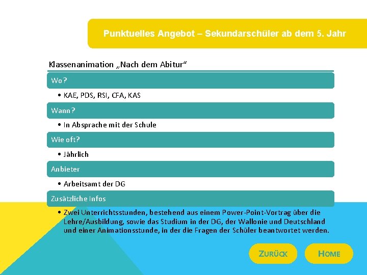 Punktuelles Angebot – Sekundarschüler ab dem 5. Jahr Klassenanimation „Nach dem Abitur“ Wo? •