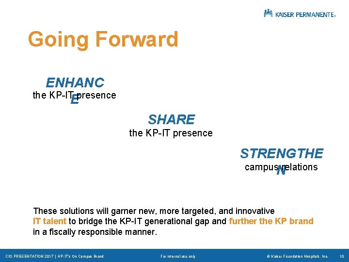 Going Forward ENHANC the KP-IT presence E SHARE the KP-IT presence STRENGTHE campus. N