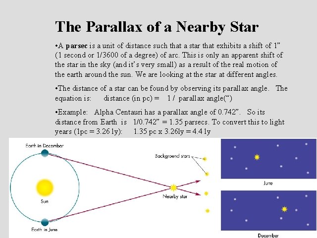 The Parallax of a Nearby Star • A parsec is a unit of distance