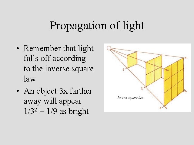 Propagation of light • Remember that light falls off according to the inverse square