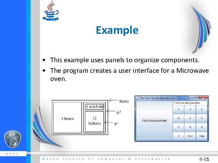 Example • This example uses panels to organize components. • The program creates a