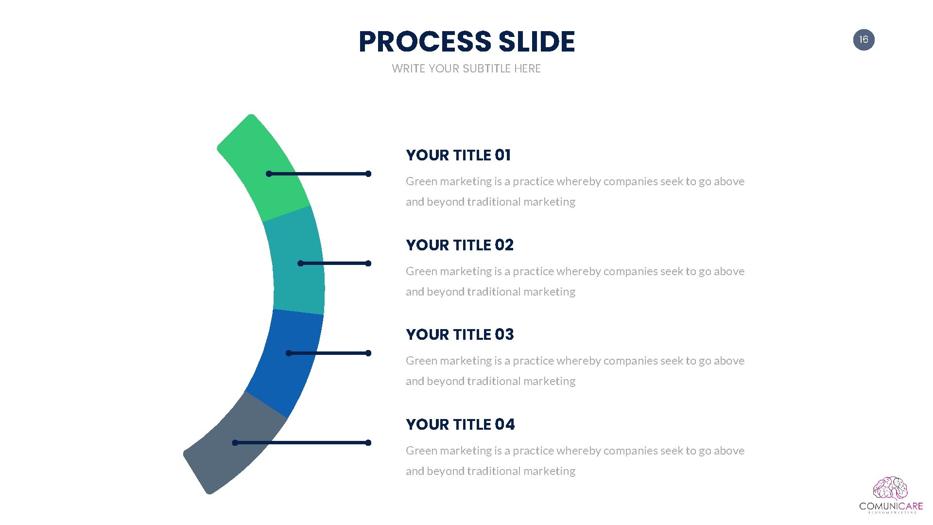 PROCESS SLIDE WRITE YOUR SUBTITLE HERE YOUR TITLE 01 Green marketing is a practice