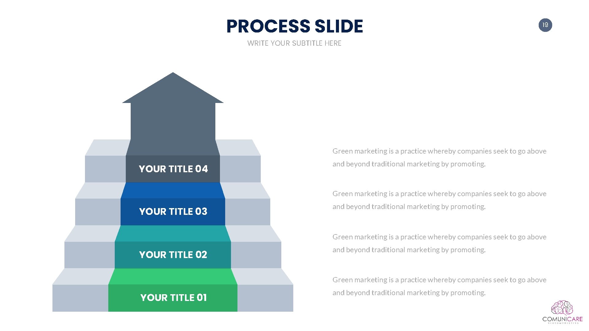 PROCESS SLIDE 19 WRITE YOUR SUBTITLE HERE Green marketing is a practice whereby companies