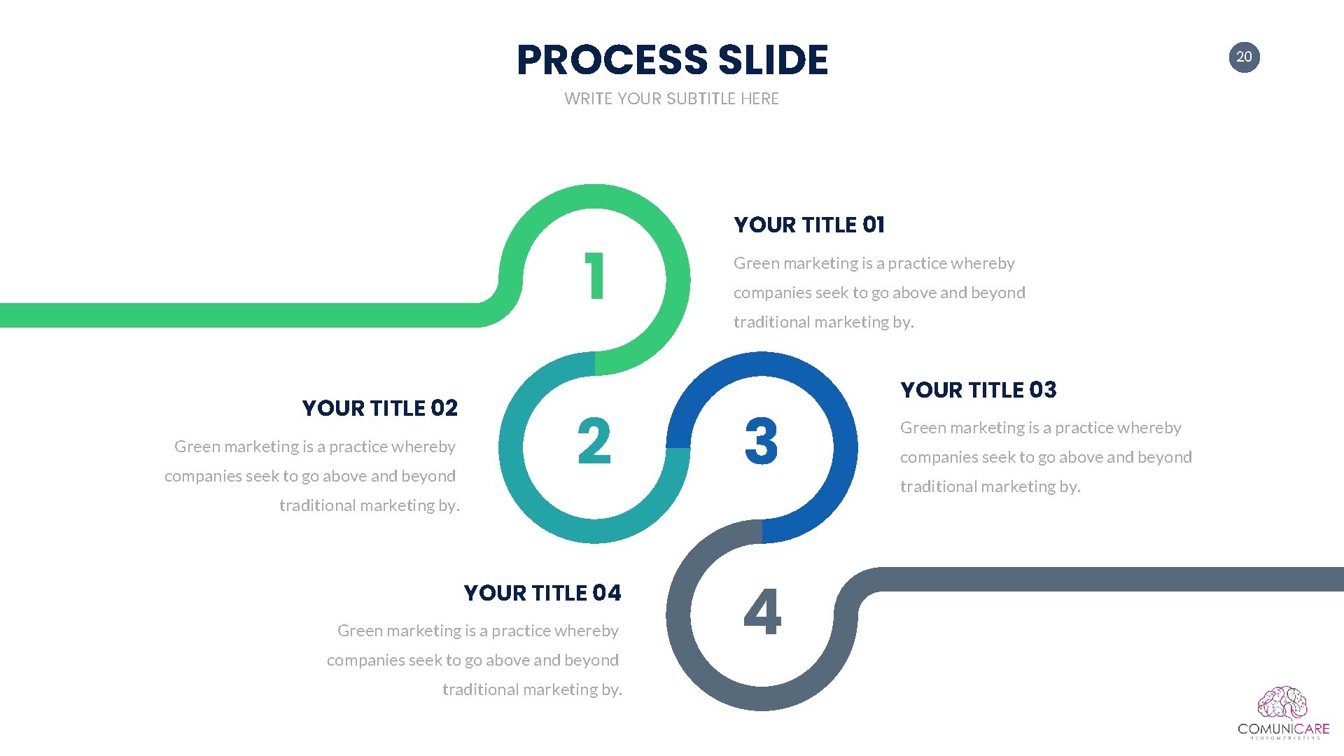 PROCESS SLIDE 20 WRITE YOUR SUBTITLE HERE 1 YOUR TITLE 02 Green marketing is