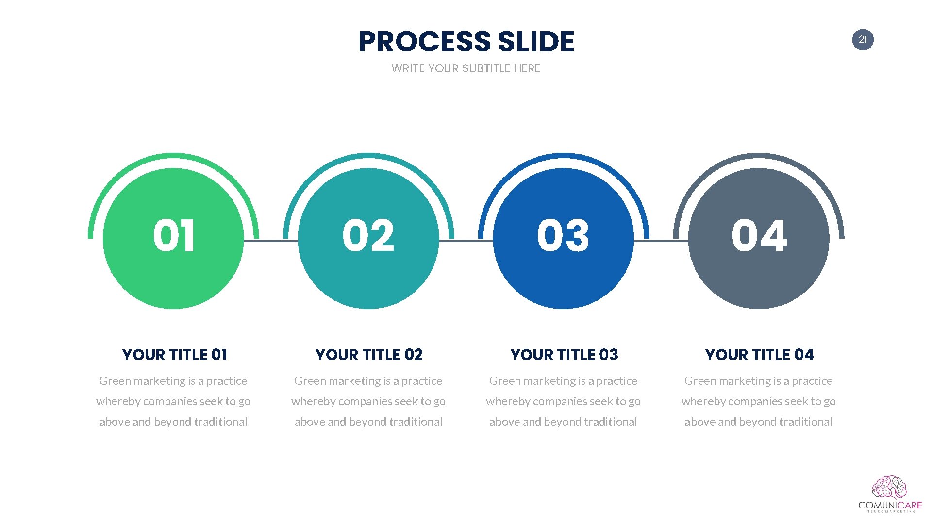 PROCESS SLIDE 21 WRITE YOUR SUBTITLE HERE 01 02 03 04 YOUR TITLE 01