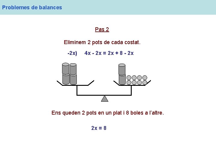 Problemes de balances Pas 2 Eliminem 2 pots de cada costat. -2 x) 4