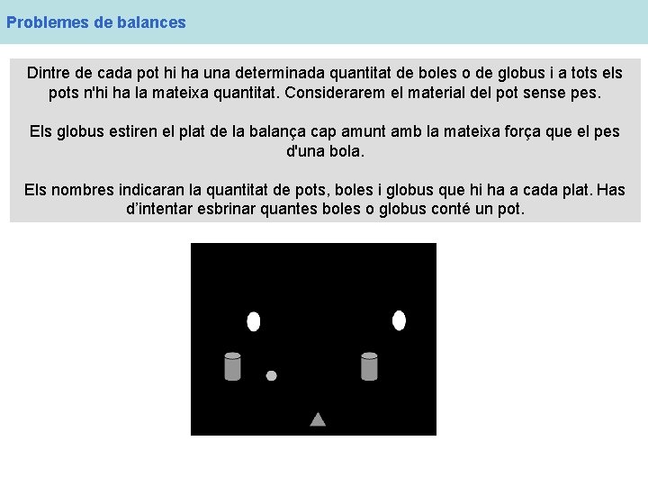 Problemes de balances Dintre de cada pot hi ha una determinada quantitat de boles