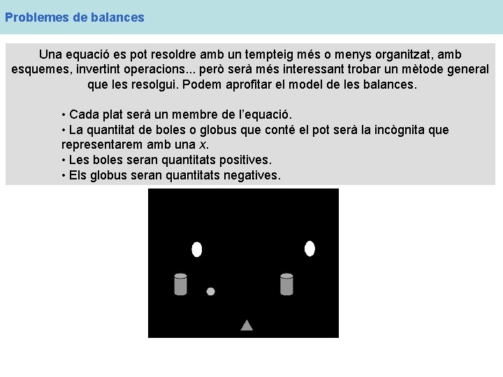 Problemes de balances Una equació es pot resoldre amb un tempteig més o menys