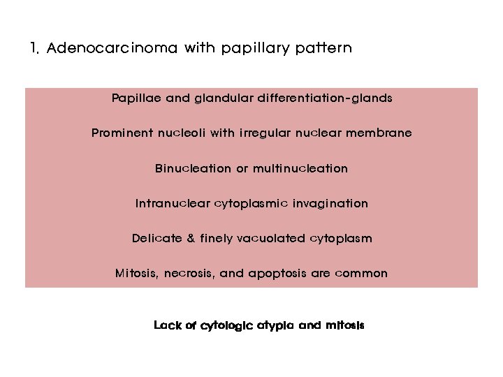 1. Adenocarcinoma with papillary pattern Papillae and glandular differentiation-glands Prominent nucleoli with irregular nuclear