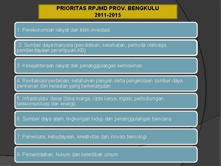 PRIORITAS RPJMD PROV. BENGKULU 2011 -2015 1. Perekonomian rakyat dan iklim investasi 2. Sumber