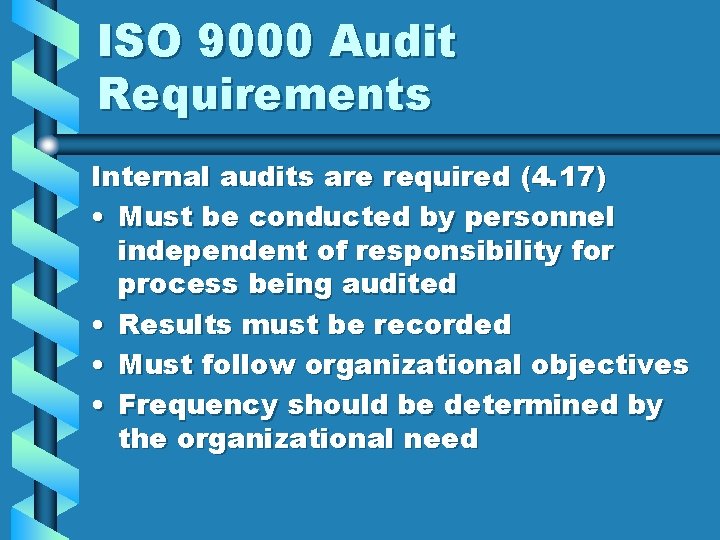 ISO 9000 Audit Requirements Internal audits are required (4. 17) • Must be conducted