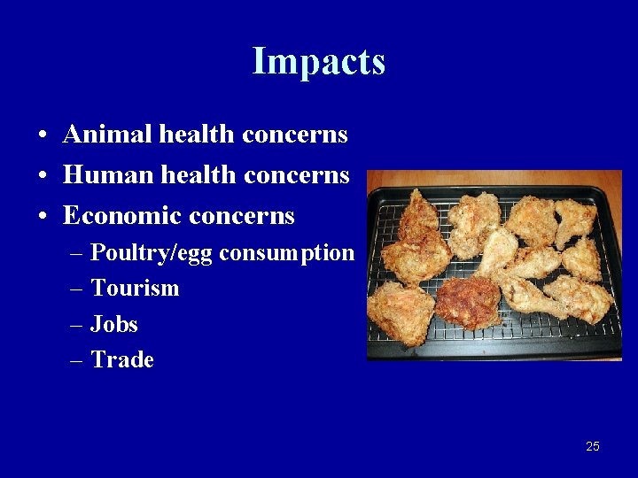 Impacts • Animal health concerns • Human health concerns • Economic concerns – Poultry/egg