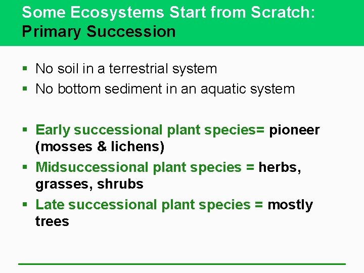 Some Ecosystems Start from Scratch: Primary Succession § No soil in a terrestrial system