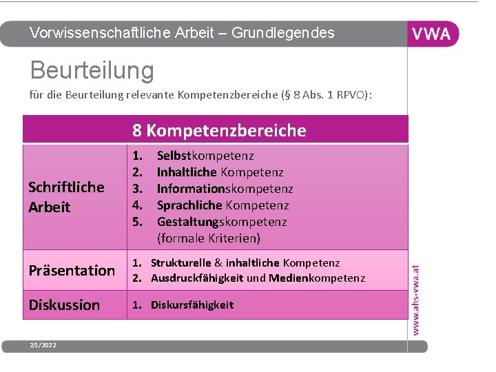 Vorwissenschaftliche Arbeit – Grundlegendes Beurteilung für die Beurteilung relevante Kompetenzbereiche (§ 8 Abs. 1