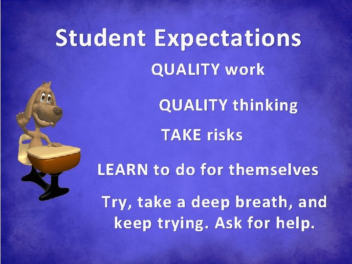 Student Expectations QUALITY work QUALITY thinking TAKE risks LEARN to do for themselves Try,