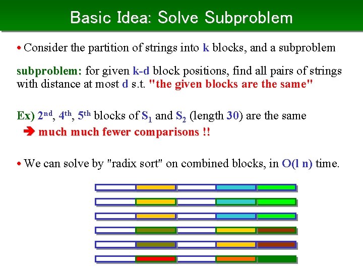 Basic Idea: Solve Subproblem • Consider the partition of strings into k blocks, and