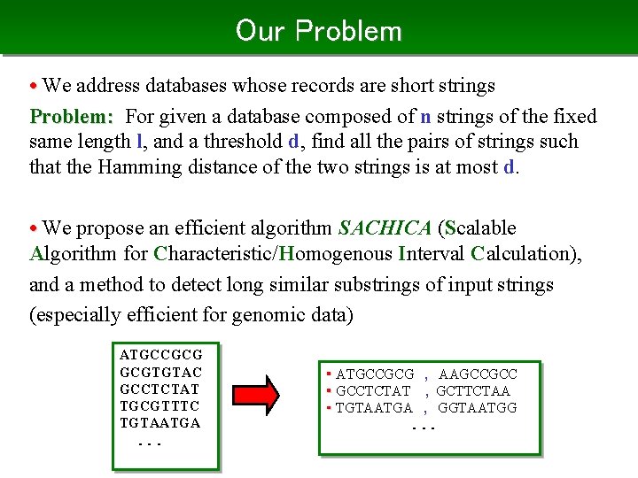 Our Problem • We address databases whose records are short strings Problem: For given