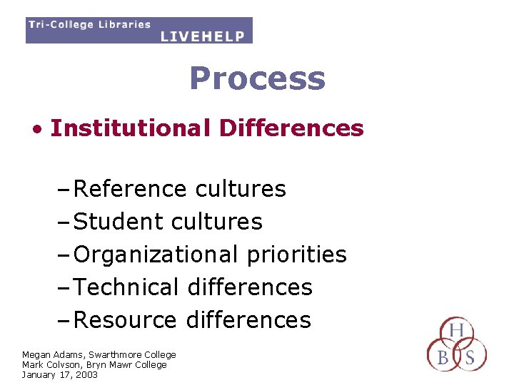 Process • Institutional Differences – Reference cultures – Student cultures – Organizational priorities –