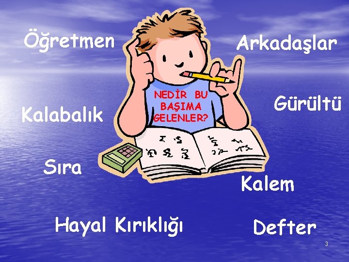 Öğretmen Kalabalık Arkadaşlar NEDİR BU BAŞIMA GELENLER? Sıra Hayal Kırıklığı Gürültü Kalem Defter 3