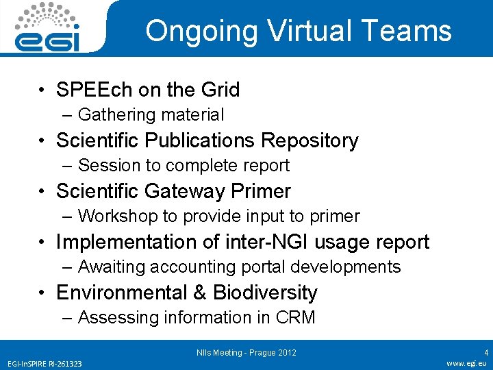 Ongoing Virtual Teams • SPEEch on the Grid – Gathering material • Scientific Publications
