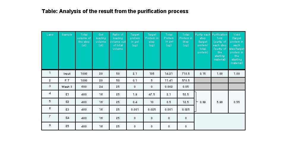 Table: Analysis of the result from the purification process Lane Sample Total volume of