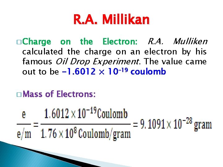 R. A. Millikan on the Electron: R. A. Mulliken calculated the charge on an