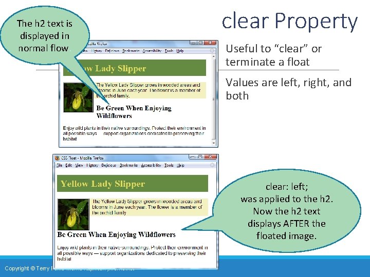 The h 2 text is displayed in normal flow. clear Property Useful to “clear”