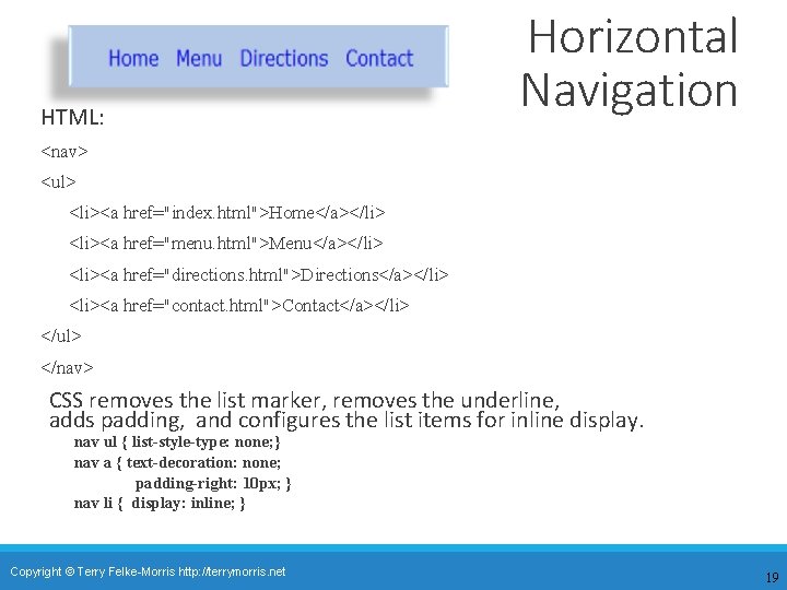 HTML: Horizontal Navigation <nav> <ul> <li><a href="index. html">Home</a></li> <li><a href="menu. html">Menu</a></li> <li><a href="directions. html">Directions</a></li>