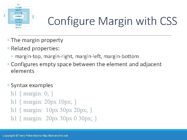 Configure Margin with CSS ◦ The margin property ◦ Related properties: ◦ margin-top, margin-right,