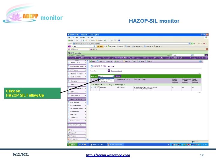 monitor HAZOP-SIL monitor Click on HAZOP-SIL Follow-Up 9/12/2021 http: //adepp. webexone. com 12 