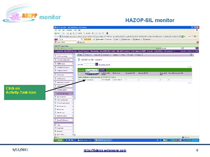 monitor HAZOP-SIL monitor Click on Activity-Task Icon 9/12/2021 http: //adepp. webexone. com 9 