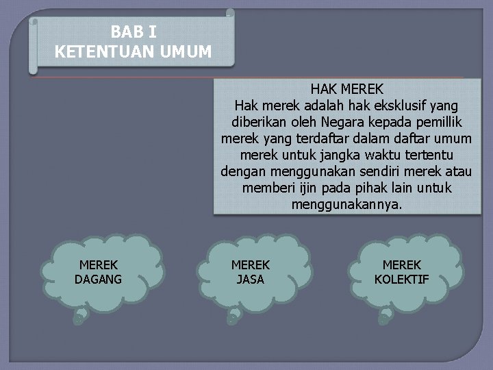 BAB I KETENTUAN UMUM HAK MEREK Hak merek adalah hak eksklusif yang diberikan oleh