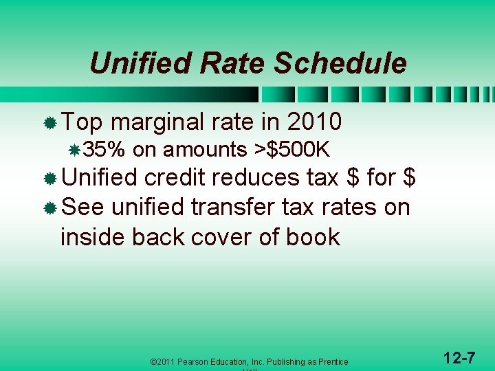 Unified Rate Schedule ® Top marginal rate in 2010 35% on amounts >$500 K